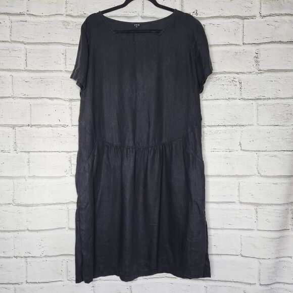 Vivid Womens Black Lagenlook Linen Short Sleeve Midi Dress Size Large - Picture 1 of 12